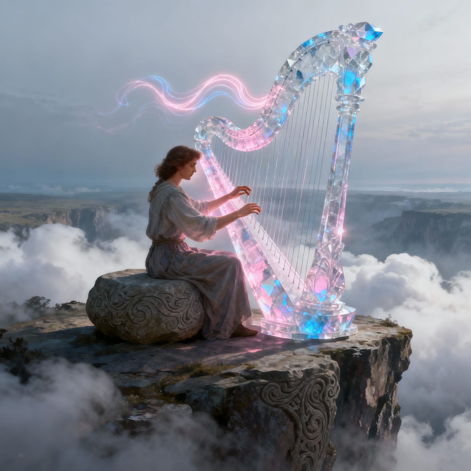 Crystal Harpist on Misty Plateau in Ethereal Light