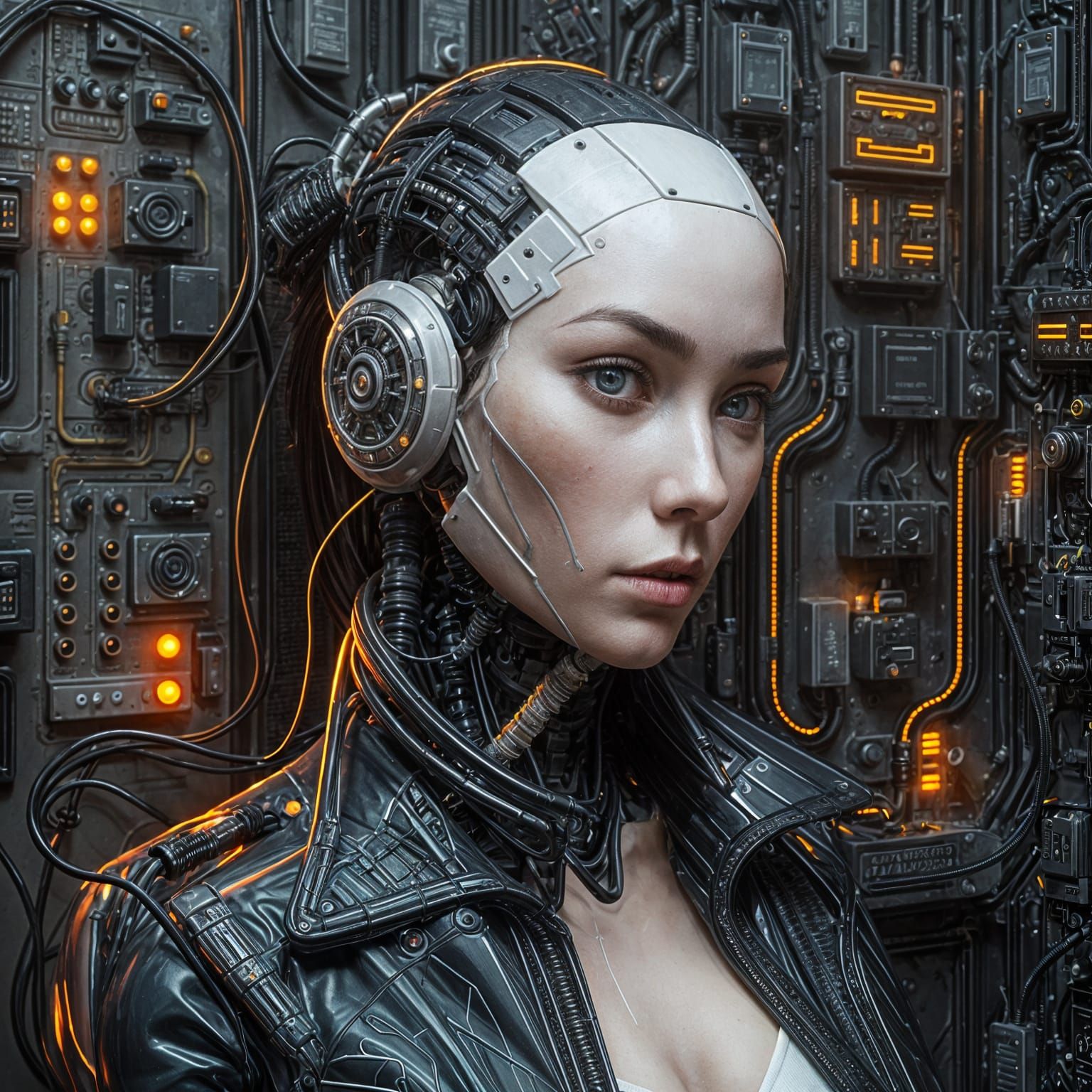 Hyperrealistic Female Cyborg Connected to Electric Circuits