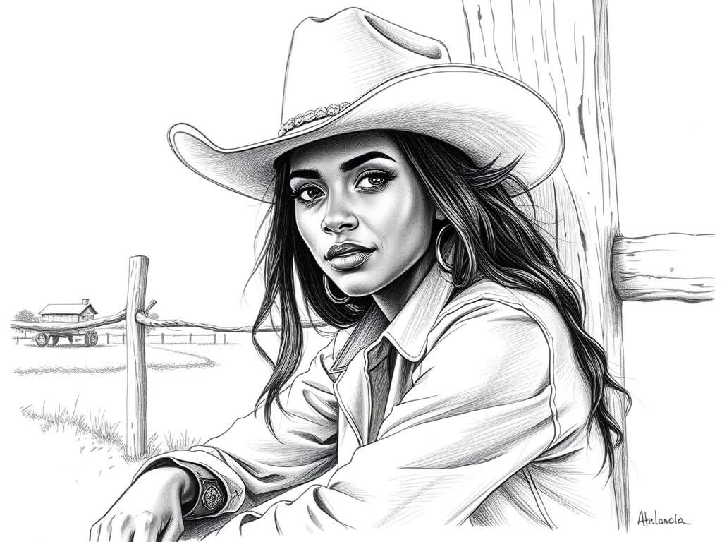 Pencil Sketch of a Black Cowgirl Against Ranch Fence