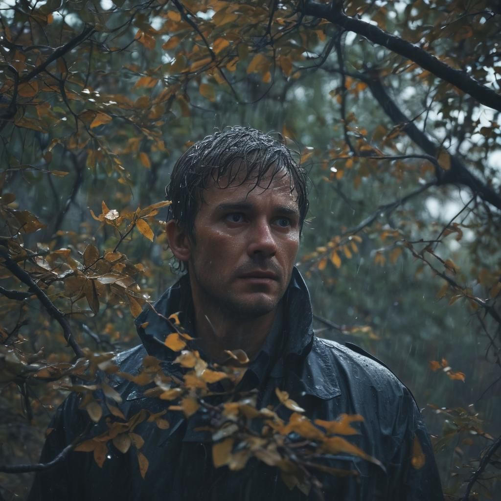 Eerie Forest: Man Hiding in Storm, Cinematic Still