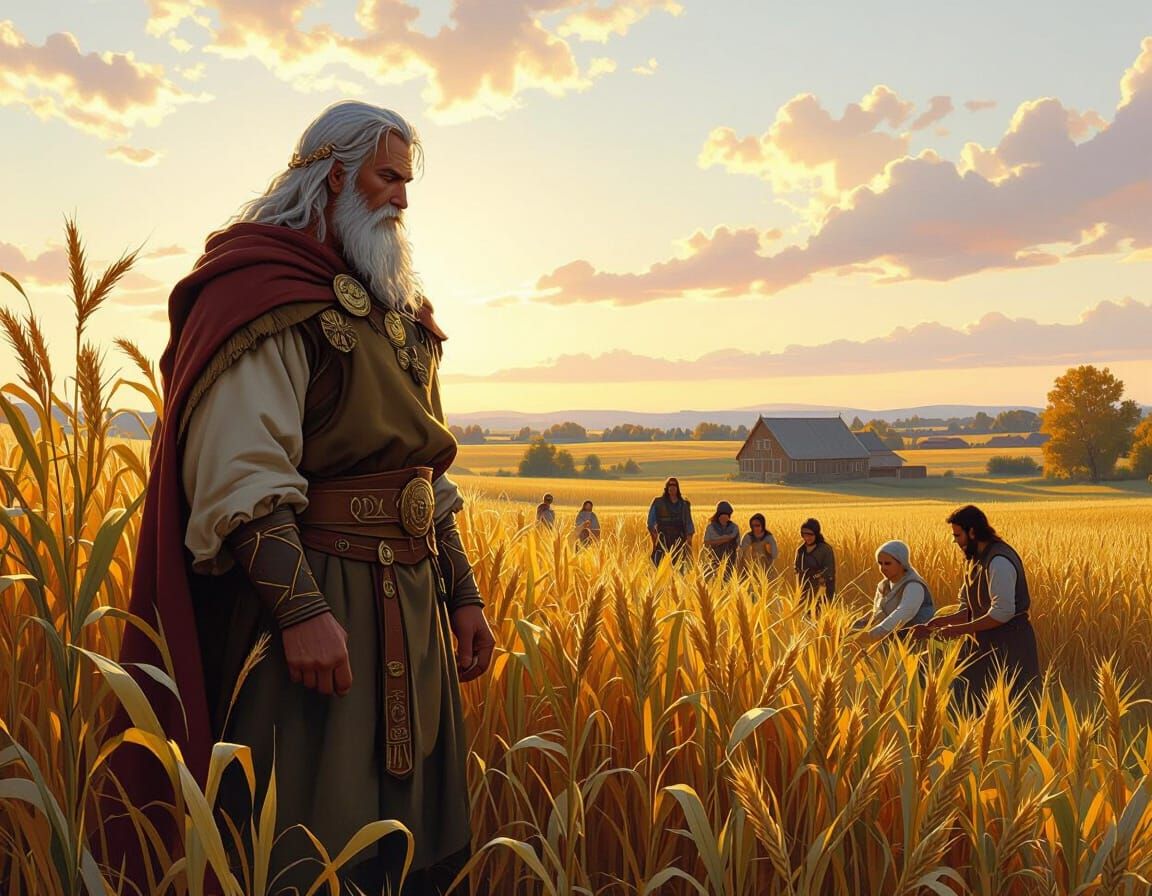 Lugh Oversees Autumn Harvest in Naturalistic Style