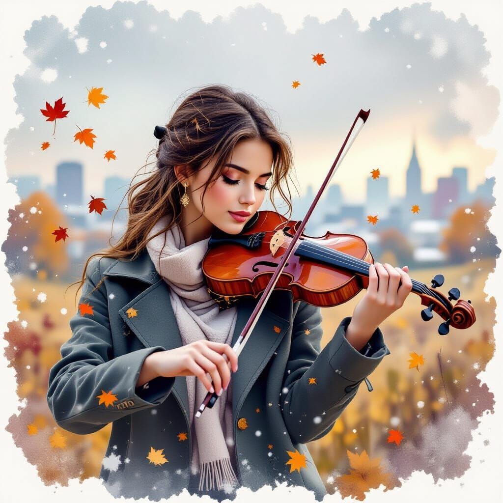 Girl Plays Violin in Autumn Landscape
