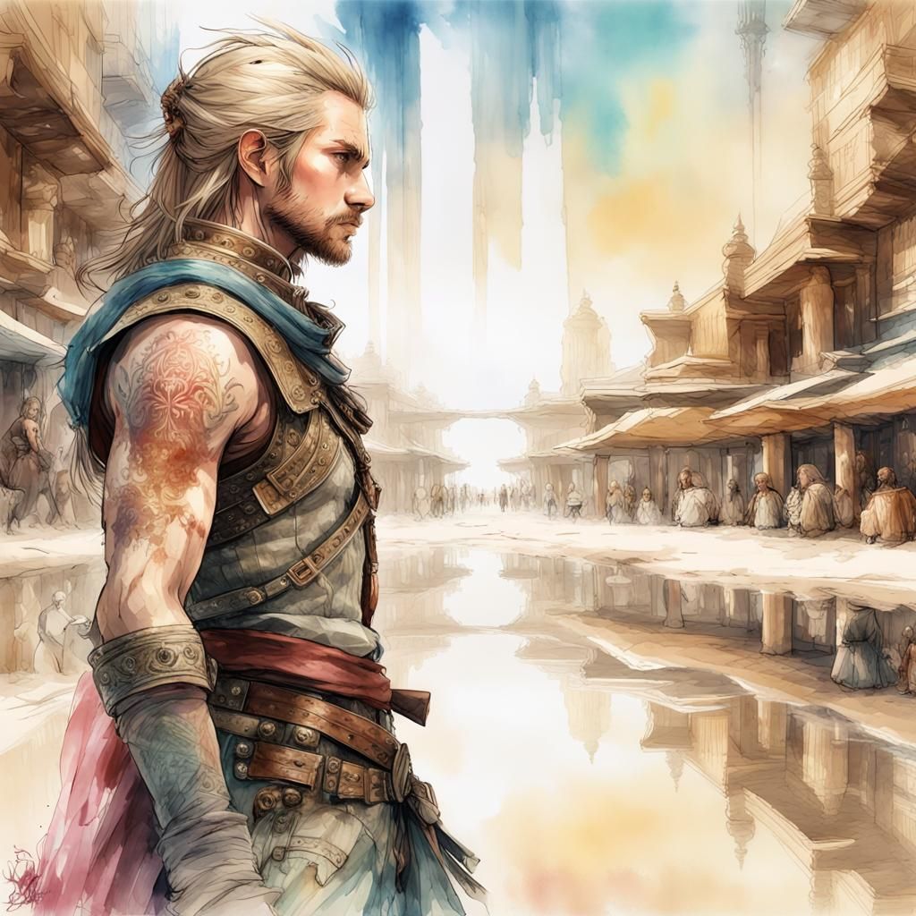Basch Guards the Bazaar: Digital Watercolor Illustration