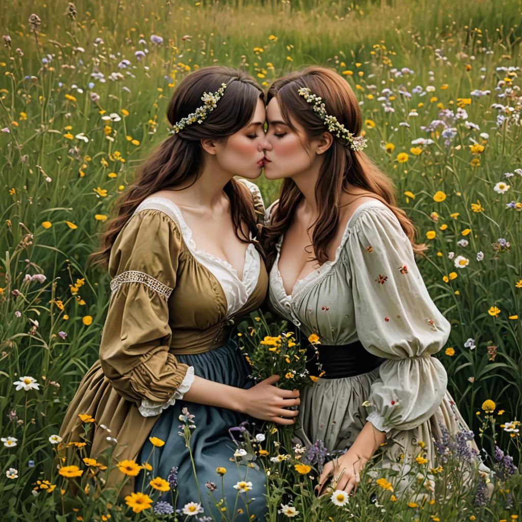 Romantic Kiss in a Flower Meadow