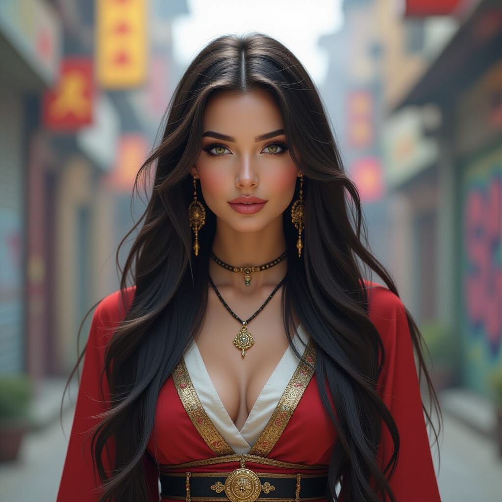 Fantasy Woman with Flowing Hair in Vibrant, Detailed Style