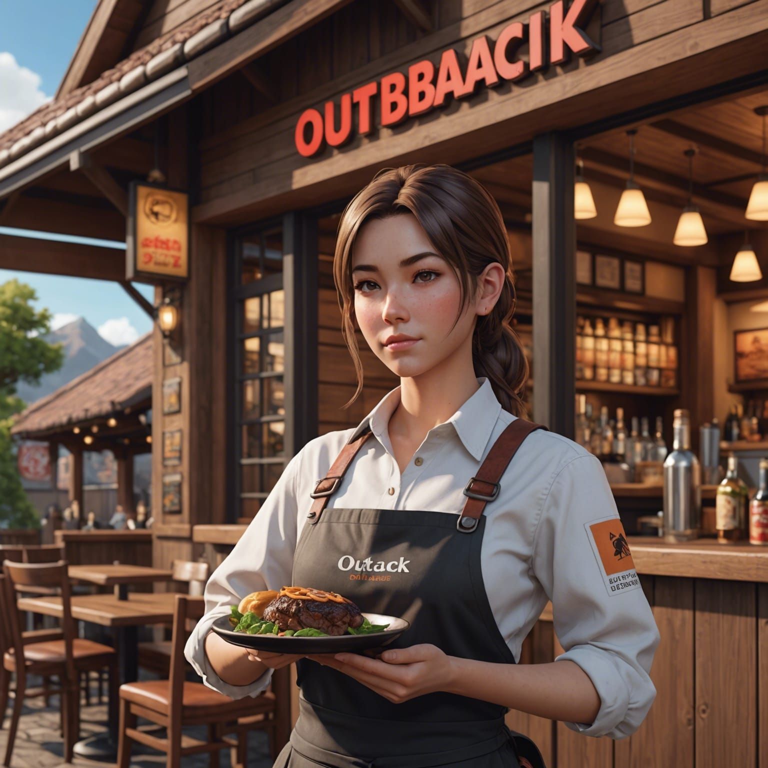 Outback Steakhouse with Waitress in 3D Anime Art