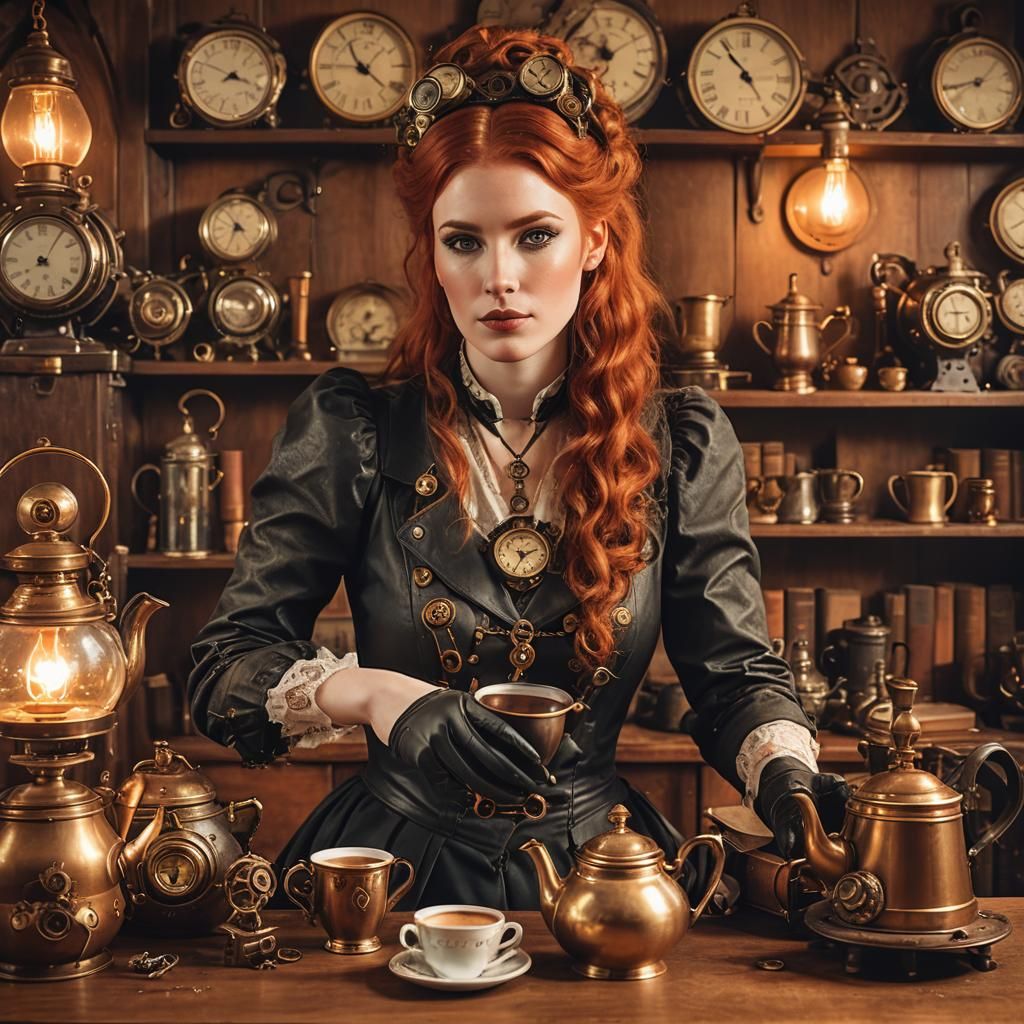 Steampunk Coffee: Redhead in Victorian Era Setting
