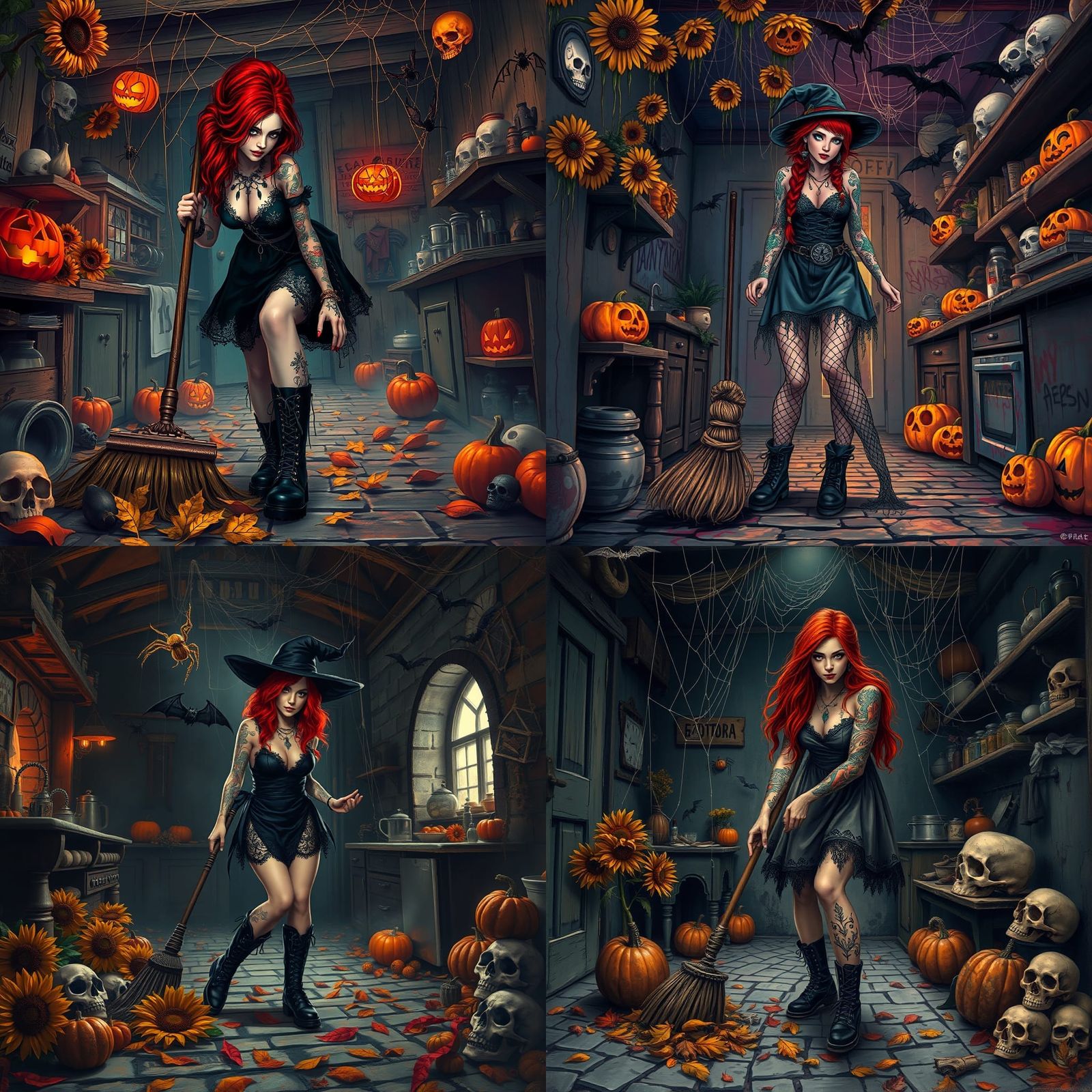 Colorful Graffiti Art: Tattooed Witch Sweeping Leaves