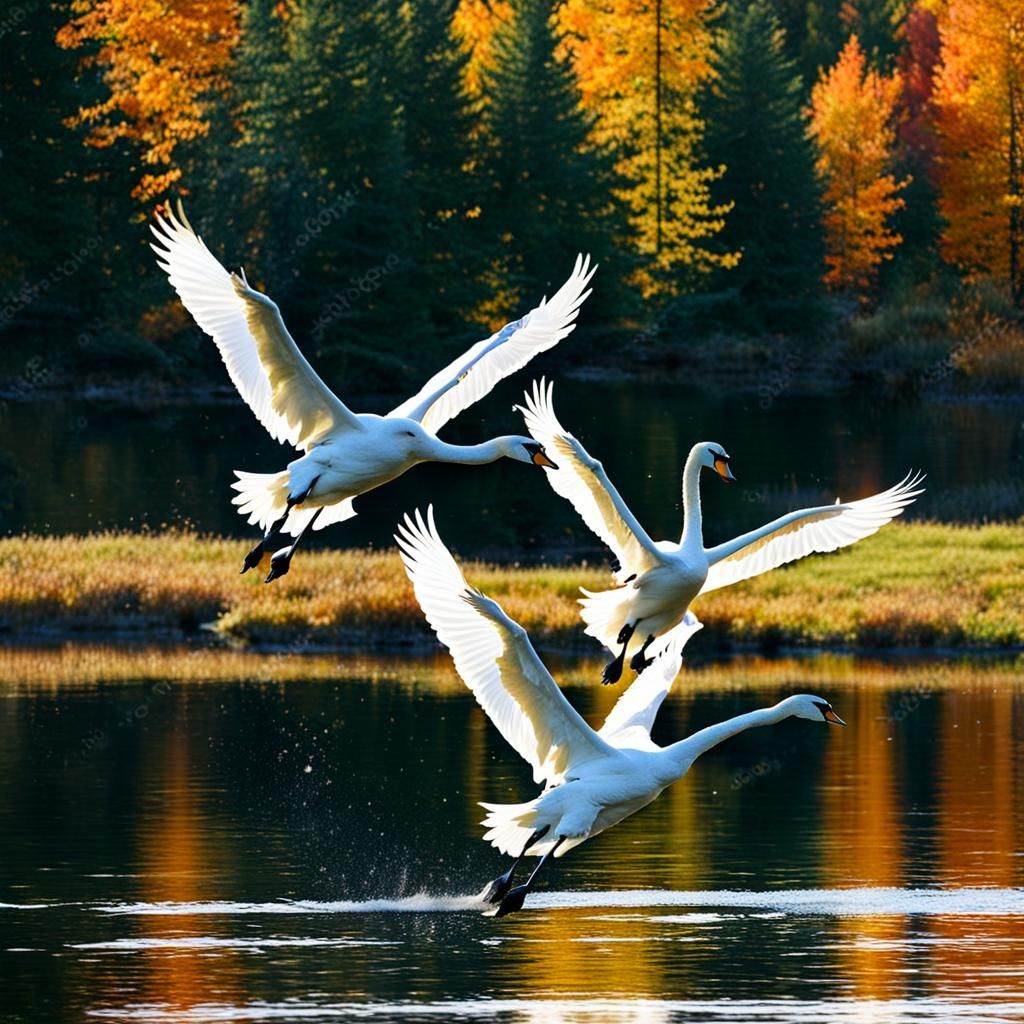 Swans in Flight: Canadian Autumn Scene