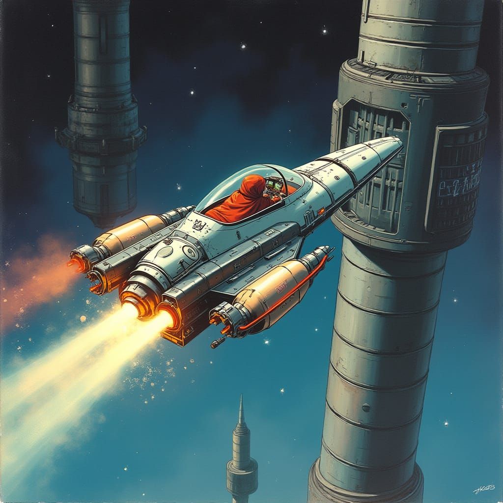 Retro Sci-Fi Spaceship Illustration with Neon Trail