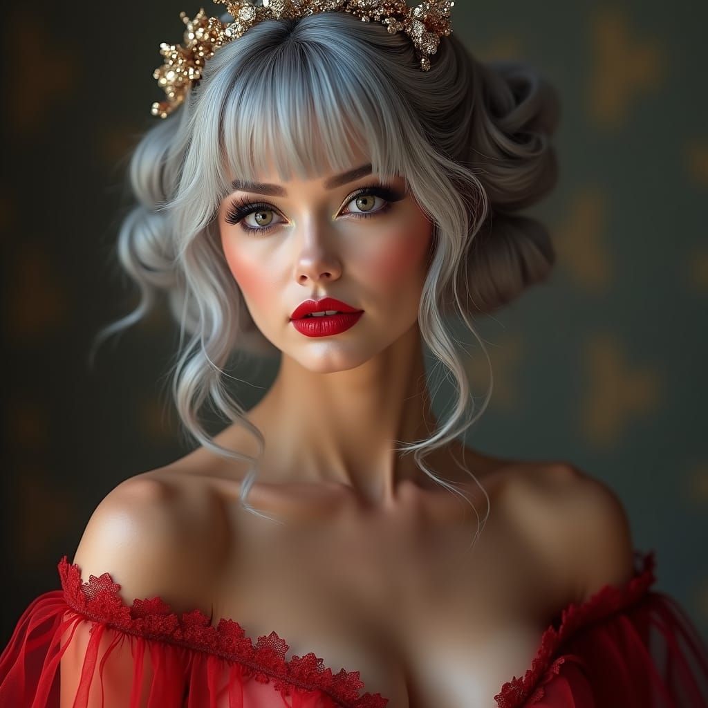 Elegant Woman with Grey Hair and Red Dress