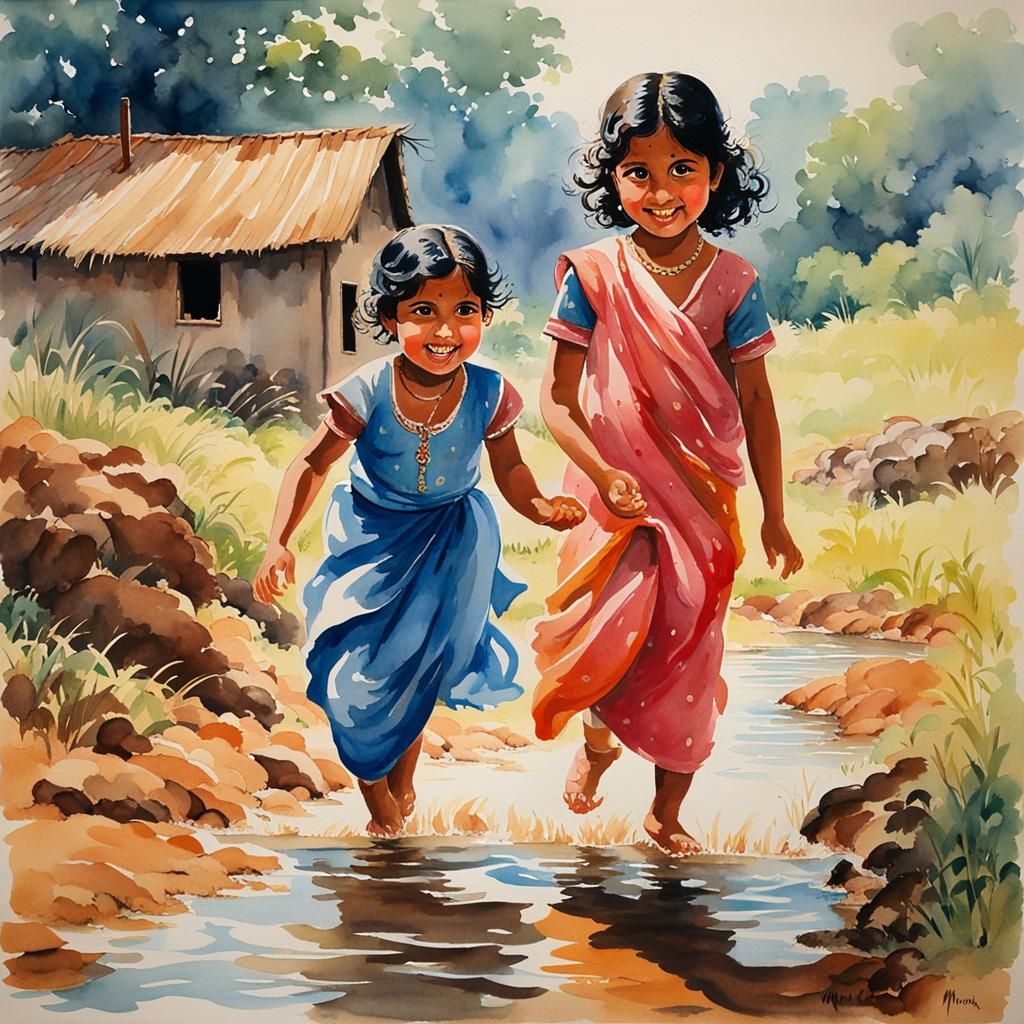 Charming Indian Girl Playing in Farm: Watercolor Painting