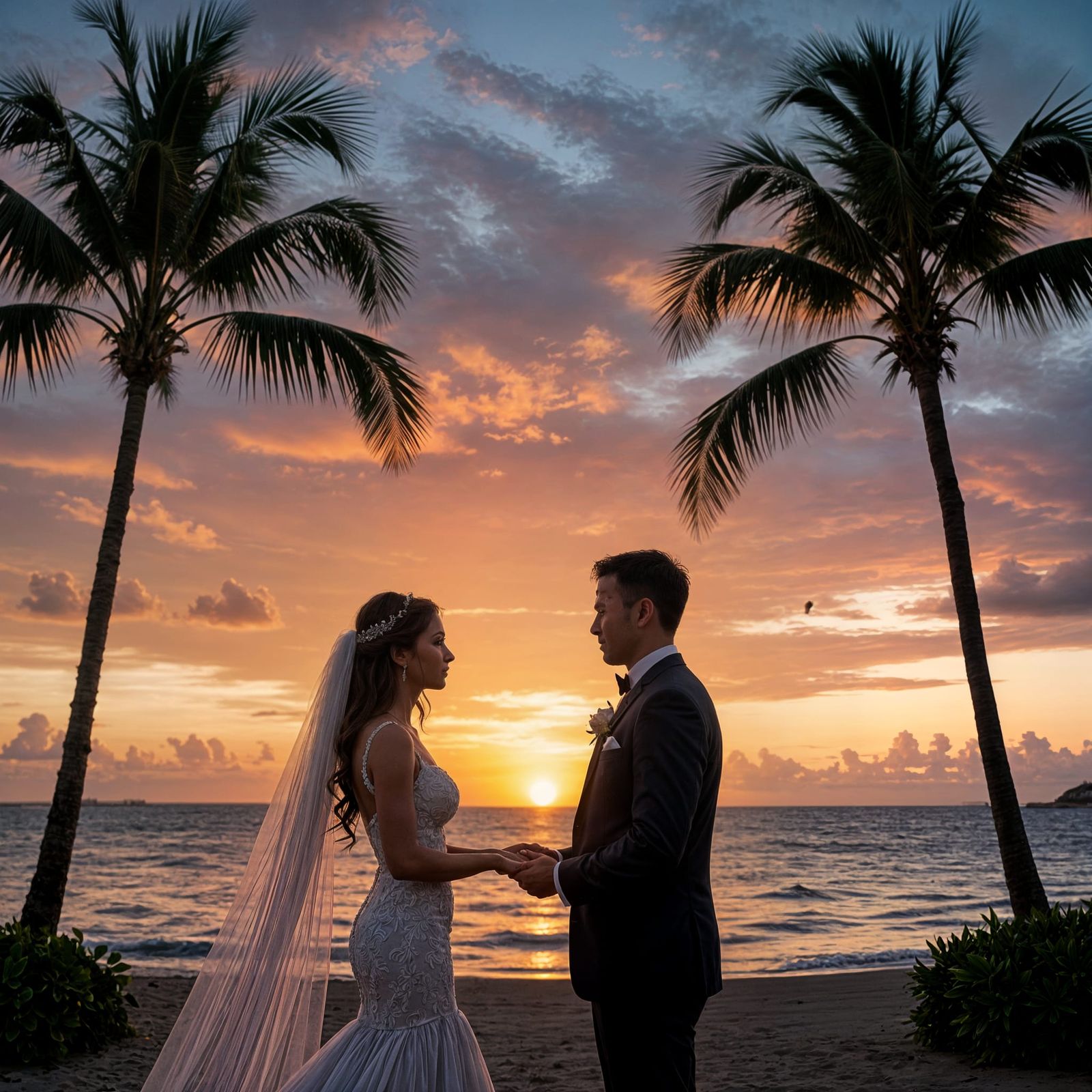 Seaside Wedding at Dusk With Palm Trees