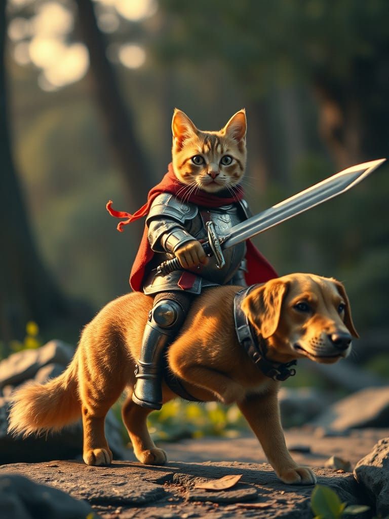 Epic Anime-Inspired Cat Warrior on a Dog Steed