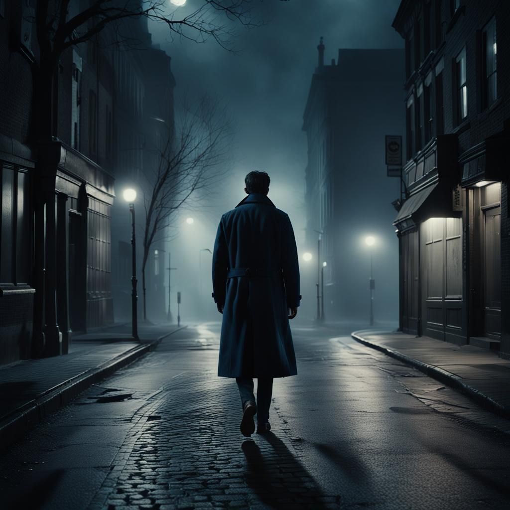 Ominous Figure Walks Dark Street: Film Noir