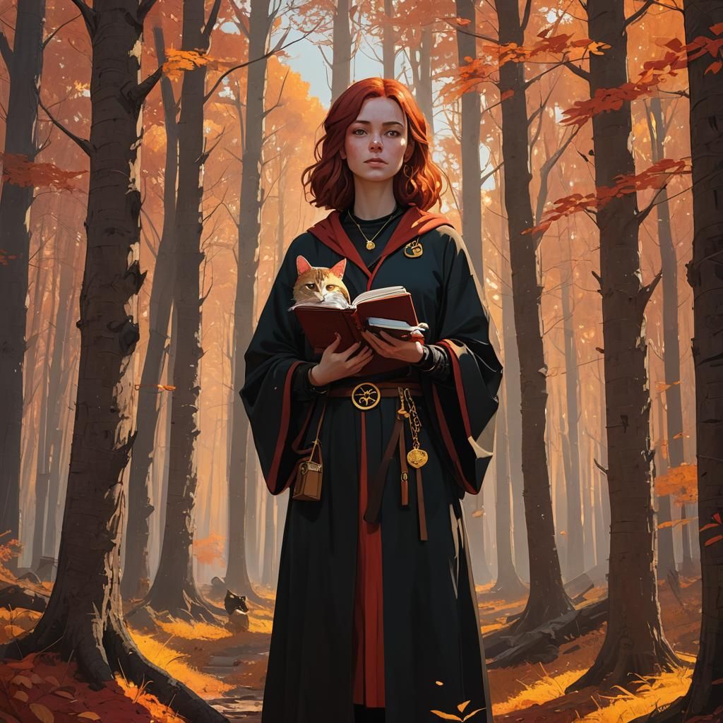 Red-Haired Girl in Forest, Fantasy Concept Art