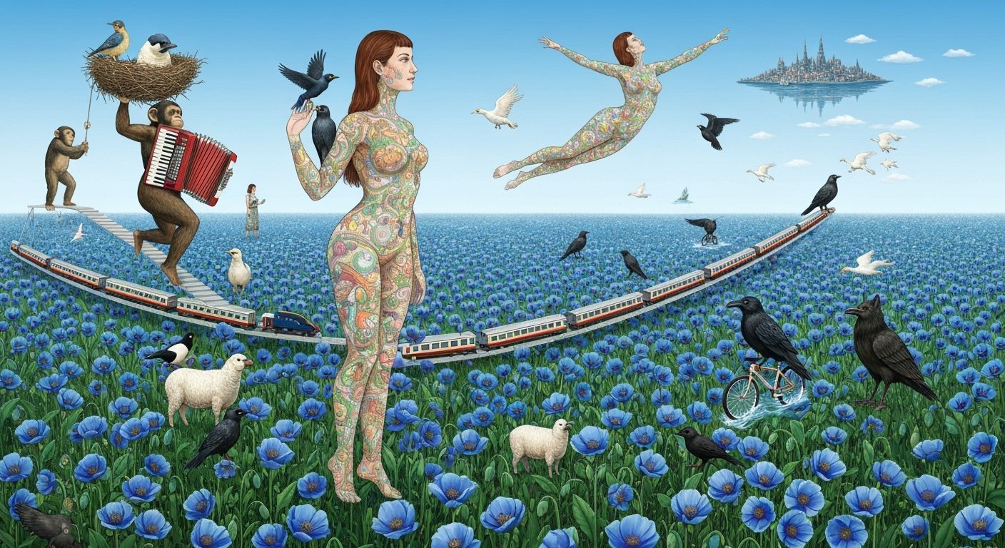 Bioluminescent Human Flying over Himalayan Poppy Field