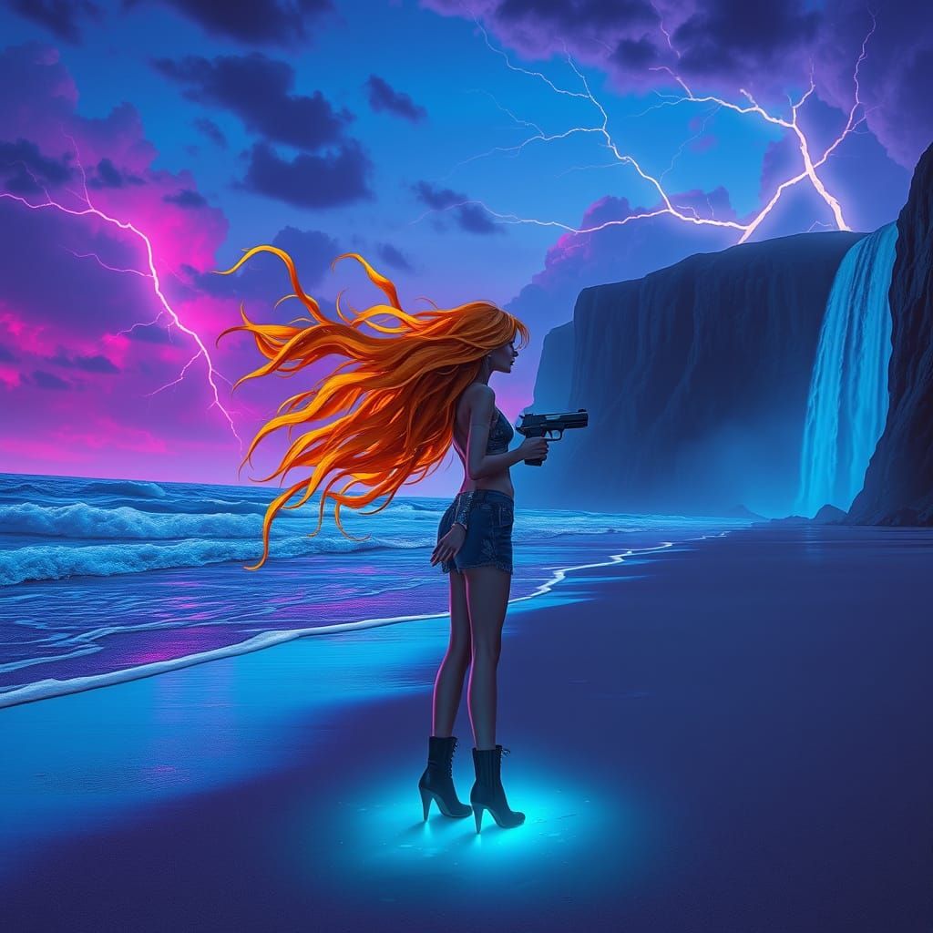 Girl Under Cyberpunk Beach Twilight