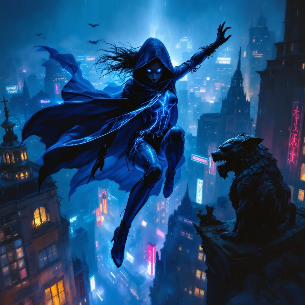 Cyberpunk Phantom Thief Leaps Through Neon Cityscape