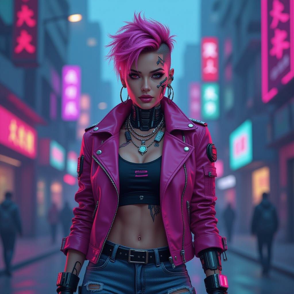 Cyberpunk Woman with Cybernetic Implants in Comic Book Style