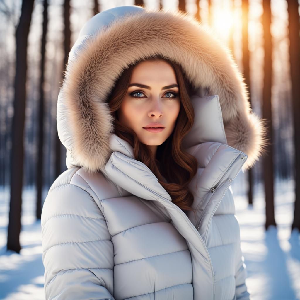 Elegant Woman in Winter Forest, 3D Rendering