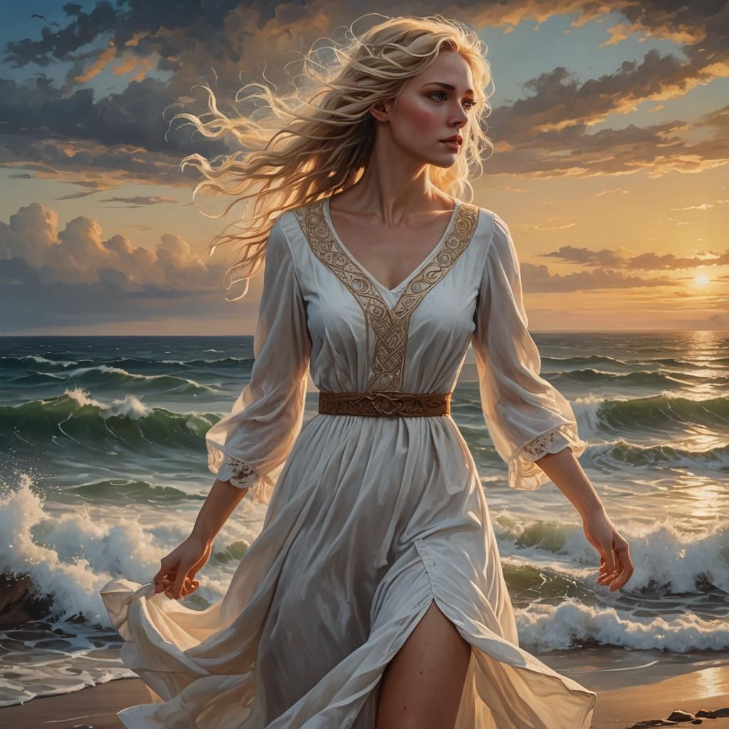 Blonde Girl at Seaside Sunset: Oil Painting