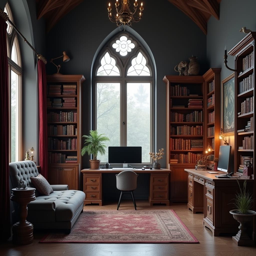 Gothic Study Sanctuary with Rich Velvet Curtains and Wooden ...