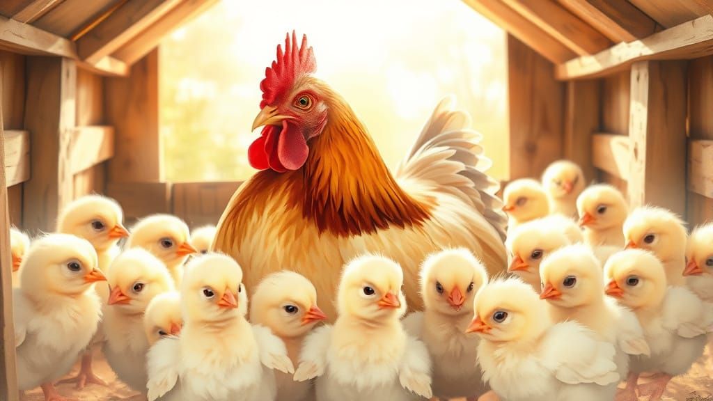 Mother Hen Surrounded by Fluffy Chicks in a Whimsical Farm S...