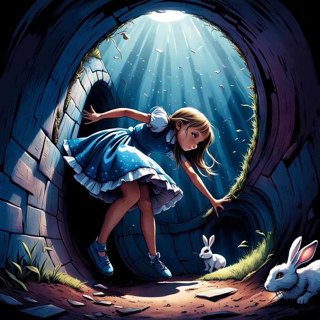 Girl Falls into Rabbit Hole: Comic Book Illustration