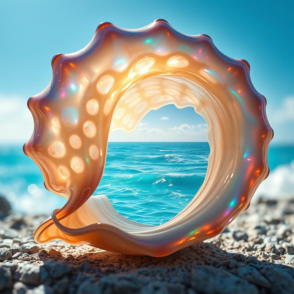 Surreal Ocean Scene Inside a Glowing Conch Shell
