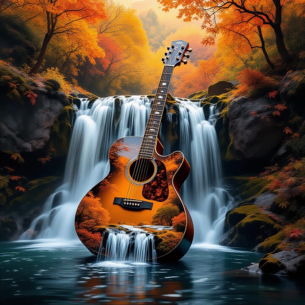 Surreal Guitar Waterfall in Autumn Landscape
