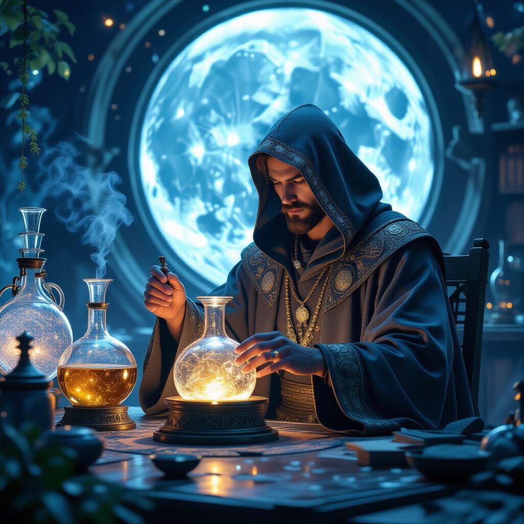 Cosmic Herbalist Brewing Stardust Potions: Art Nouveau Style