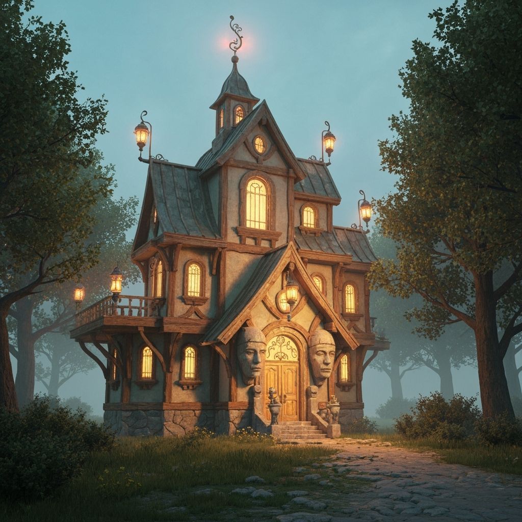 Whimsical Fantasy House with Stone Heads