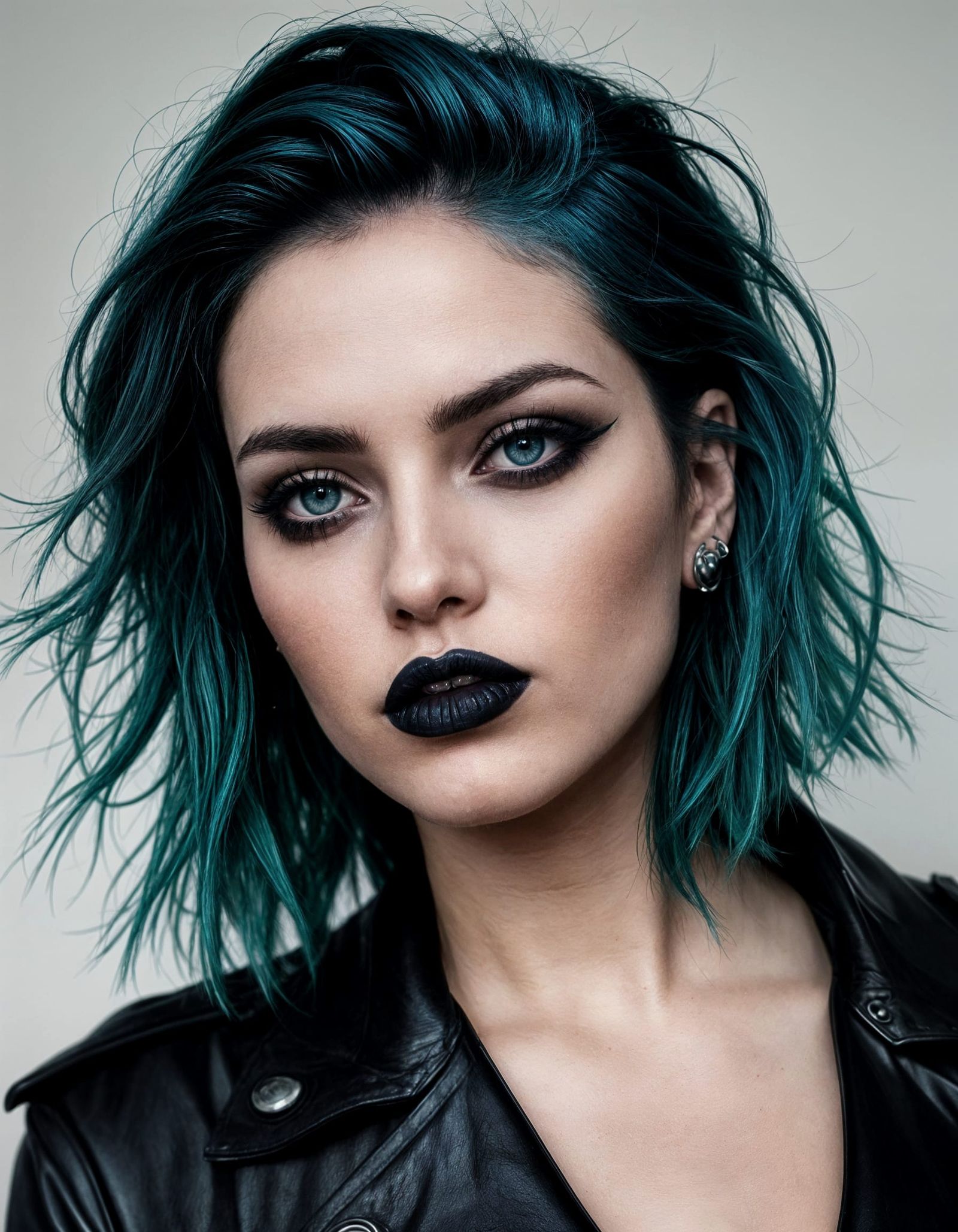 Ethereal Gothic Woman in Dark Leather Jacket