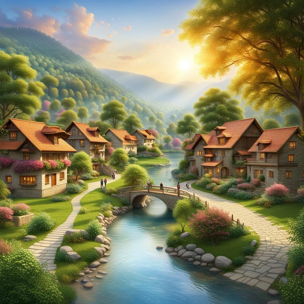 A serene utopian world where a harmonious village thrives amidst enchanting nature.