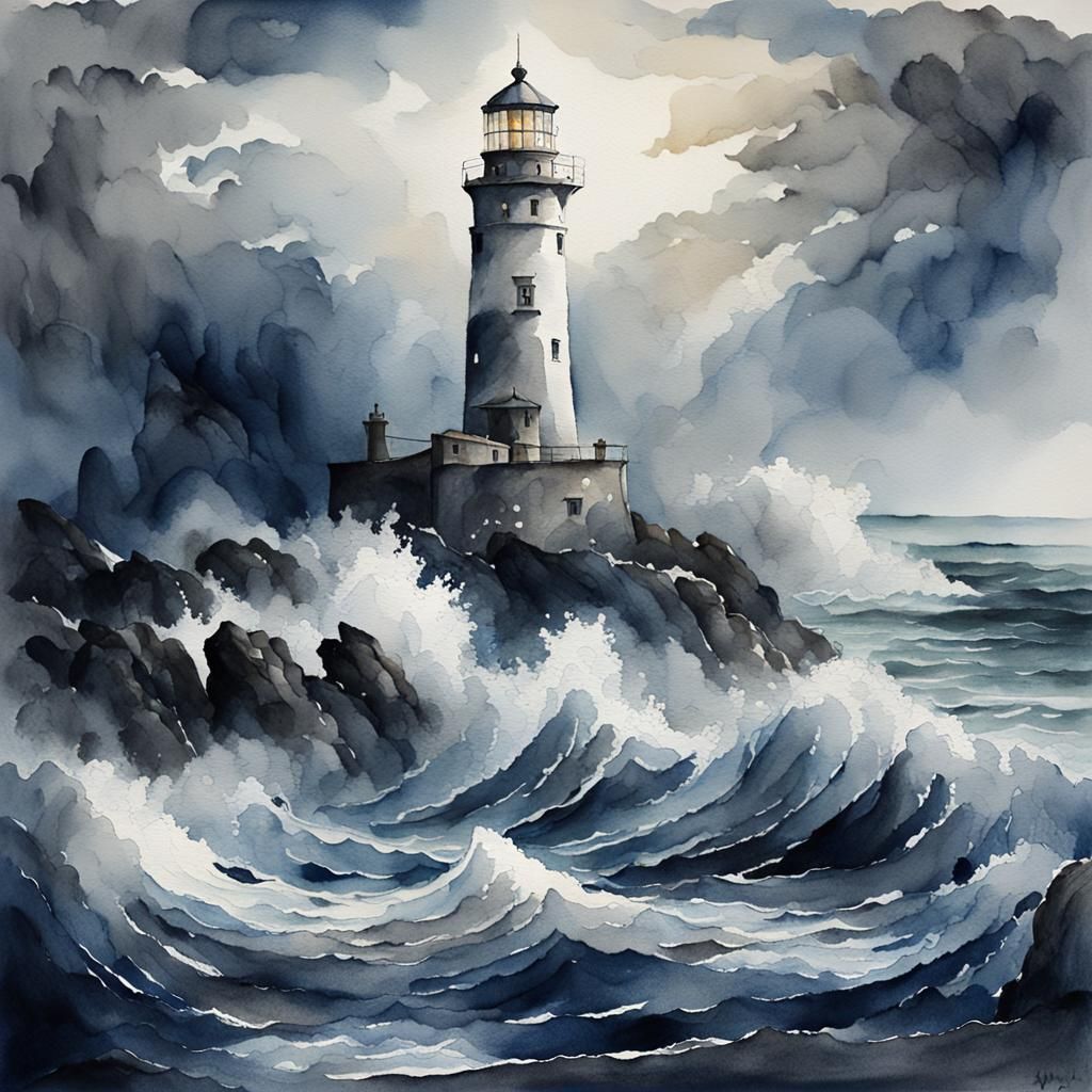 Moody Watercolour Lighthouse Standing Strong against Turbule...