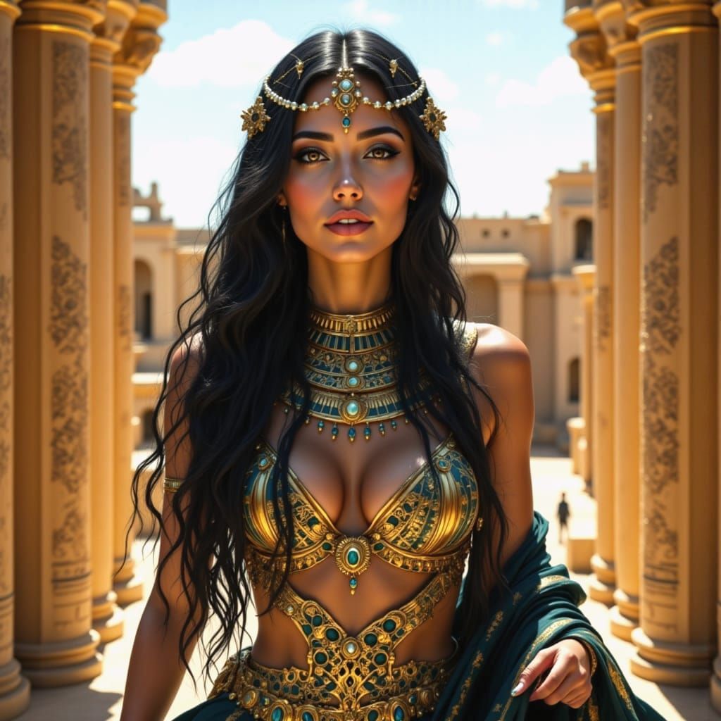 Egyptian Queen in Golden Finery, Surrounded by Ancient Templ...