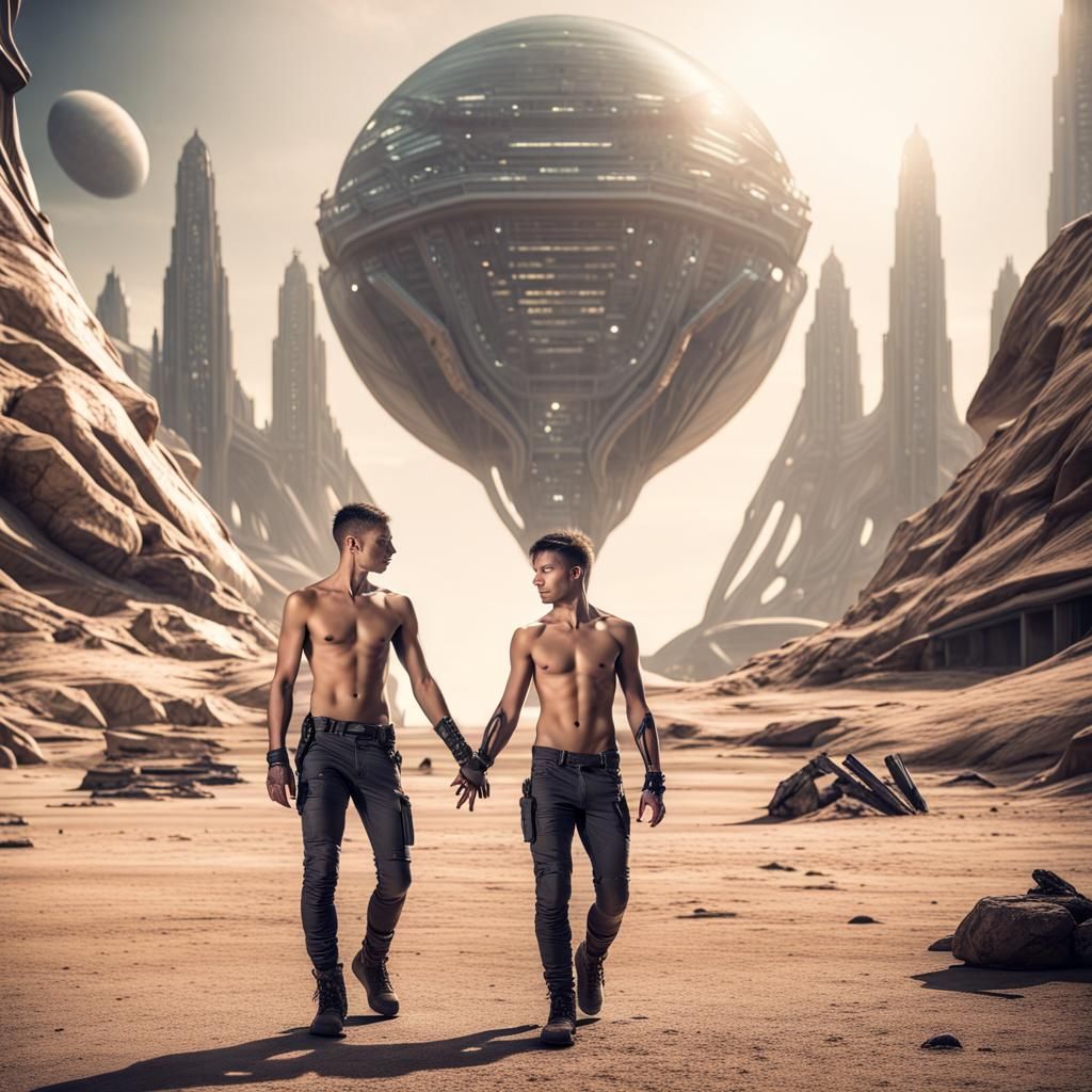 Gay Couple in Sci-Fi City: Hyperrealistic Image