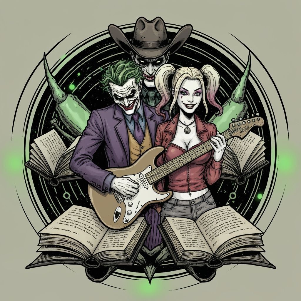 Gothic Comic Emblem: Joker, Harley Quinn, Guitar, Books, Cow...