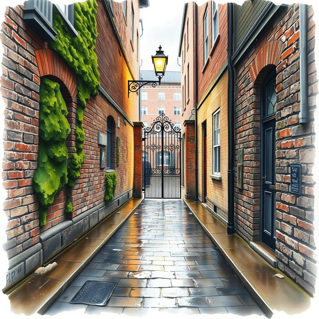 Whimsical Watercolor Alleyway with Vintage Lamp and Mossy Bu...