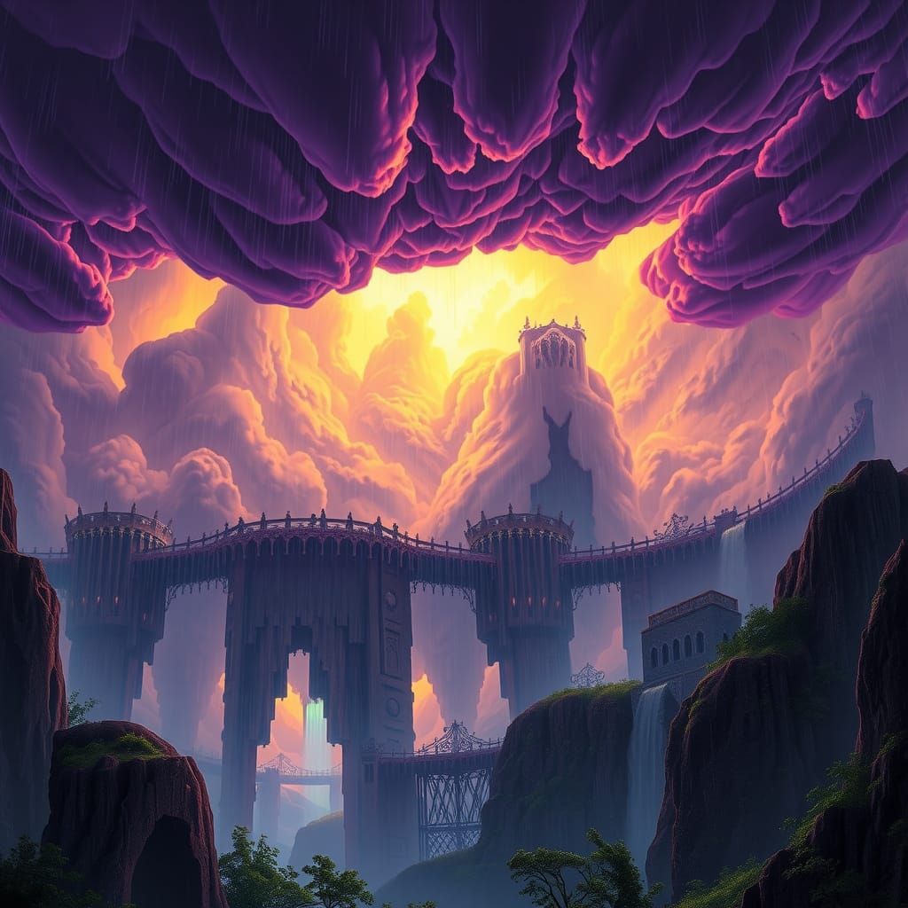 Mystical Storm over Fantasy Landscape in Art Nouveau Style