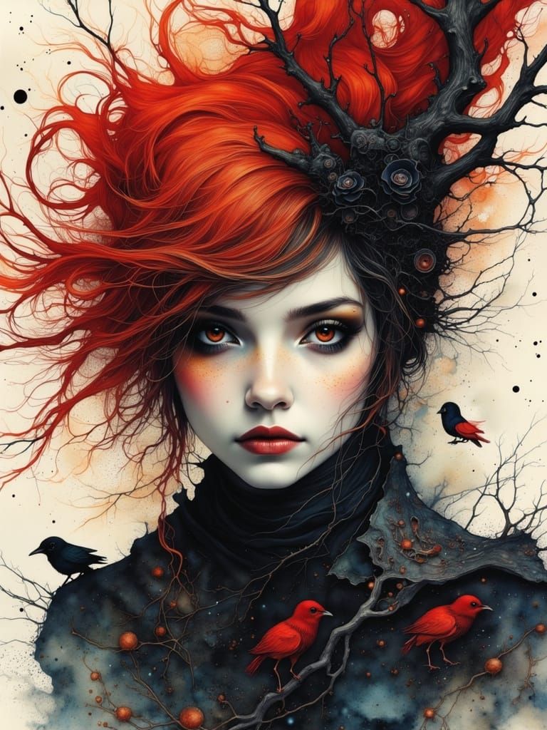 Gothic Watercolor Portrait of a Melancholic Woman