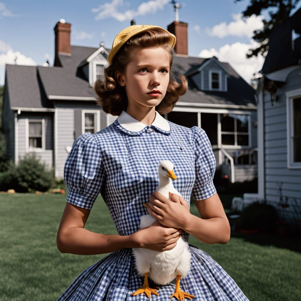 Robot Gingham Print Surrounded by Striped Geese in Vintage F...