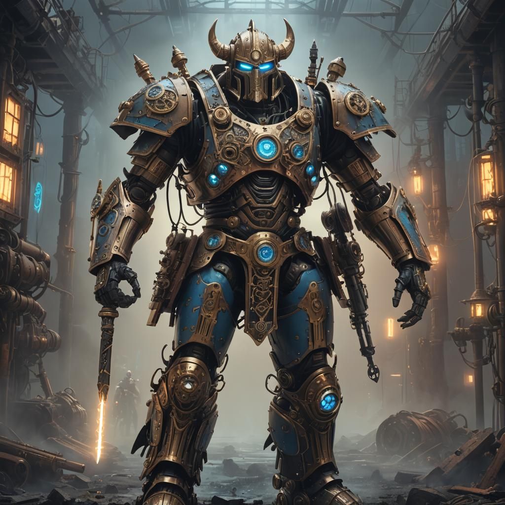 Robotic Steampunk Odin in Dimly Lit Alleyway