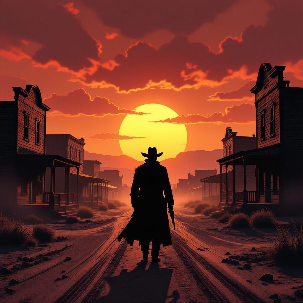 Lone Gunslinger in Ghost Town at Sunset