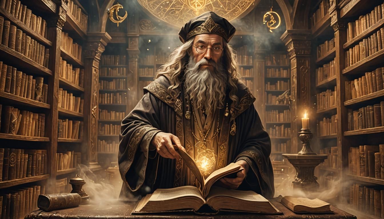 Wizard Emerges from Book in Mystical Library