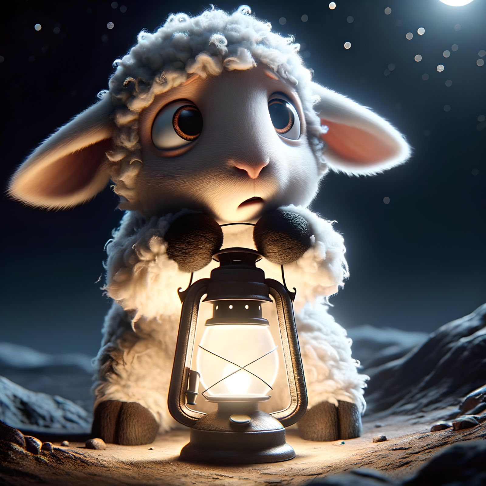 Frightened Lamb with Lantern in Dark Night, CG Art
