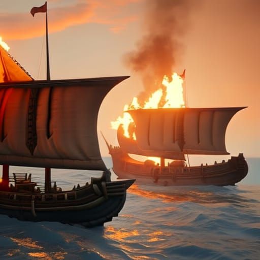 Viking Ships Near Burning Castle: 3D Game Cinematic