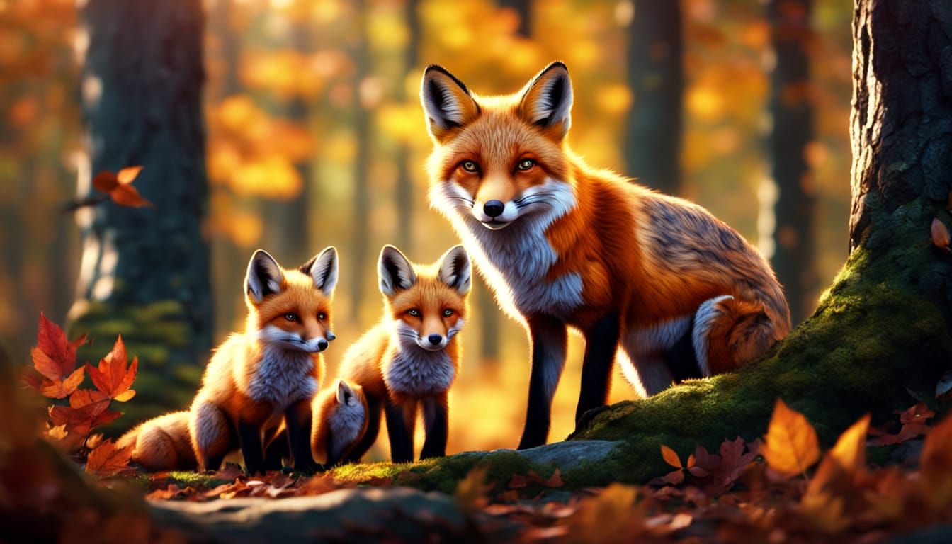 Fox Family at Play in Autumn Forest