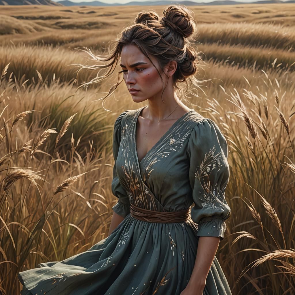 Woman in Prairie Grass: Detailed Matte Painting